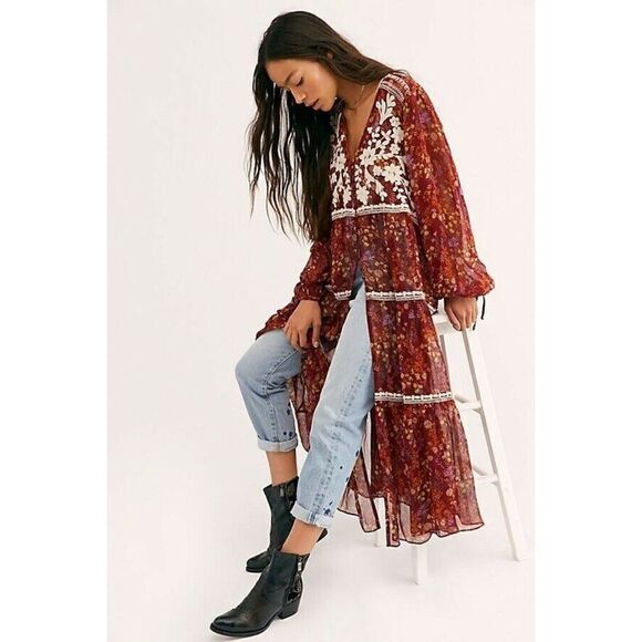 NWT FREE PEOPLE Sz XS CALL ON ME EMBROIDERED MAXI TOP DUSTER KIMONO TOP - Picture 1 of 3
